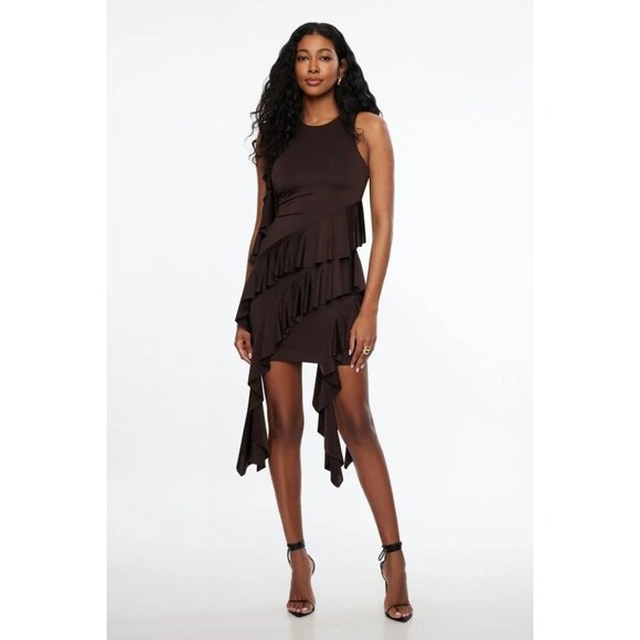 DYNAMITE Asymmetric Ruffled Mini Dress in Chocolate Plum Brown - Picture 2 of 5